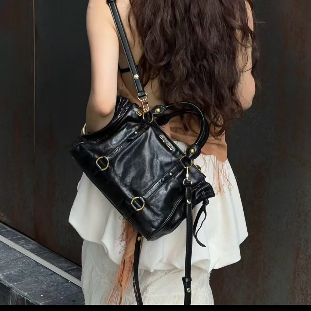 Miu Miu Vitello Shine 2way Black Leather Satchel Bag with Gold Hardware